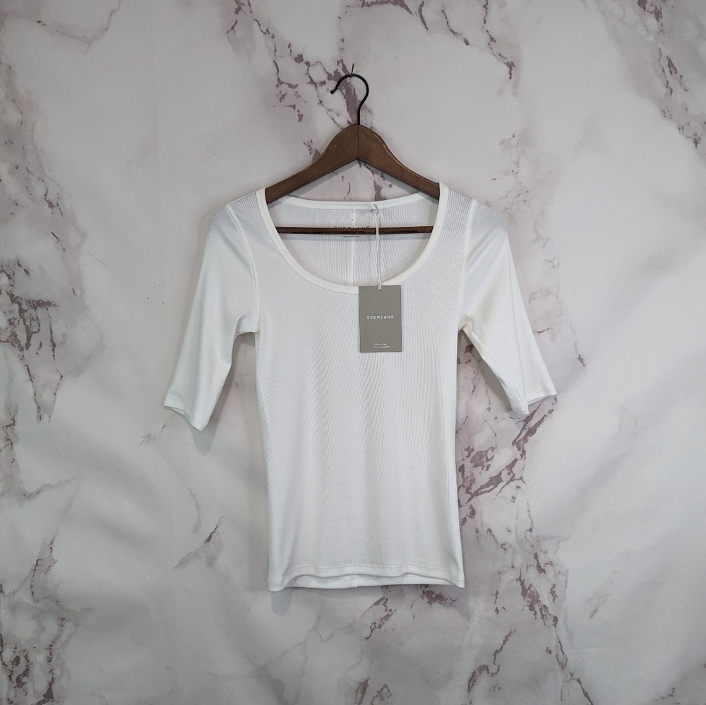 Everlane The Pima Micro Rib Scoop Neck Tee White Short Sleeve Top NEW - Picture 3 of 13
